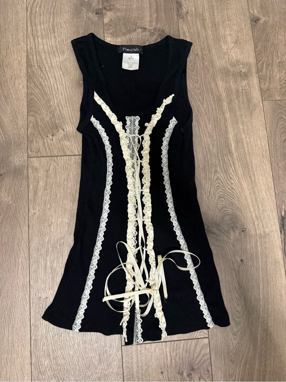 Fleurish Black Tank Top with Cream Lace Trim